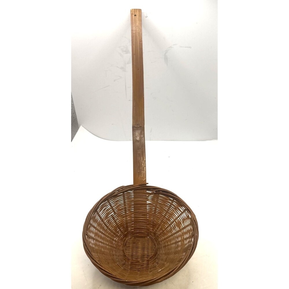 Vintage Wicker Basket w/ Long Handle Church Offering Basket 18.5 In